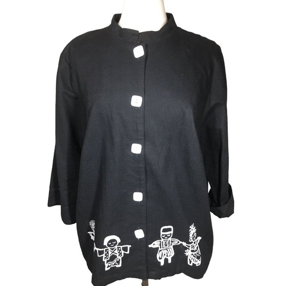 Vintage On The Rocks Women's 1X Black Cotton Linen Button Up Tribal Art to Wear - Picture 1 of 11